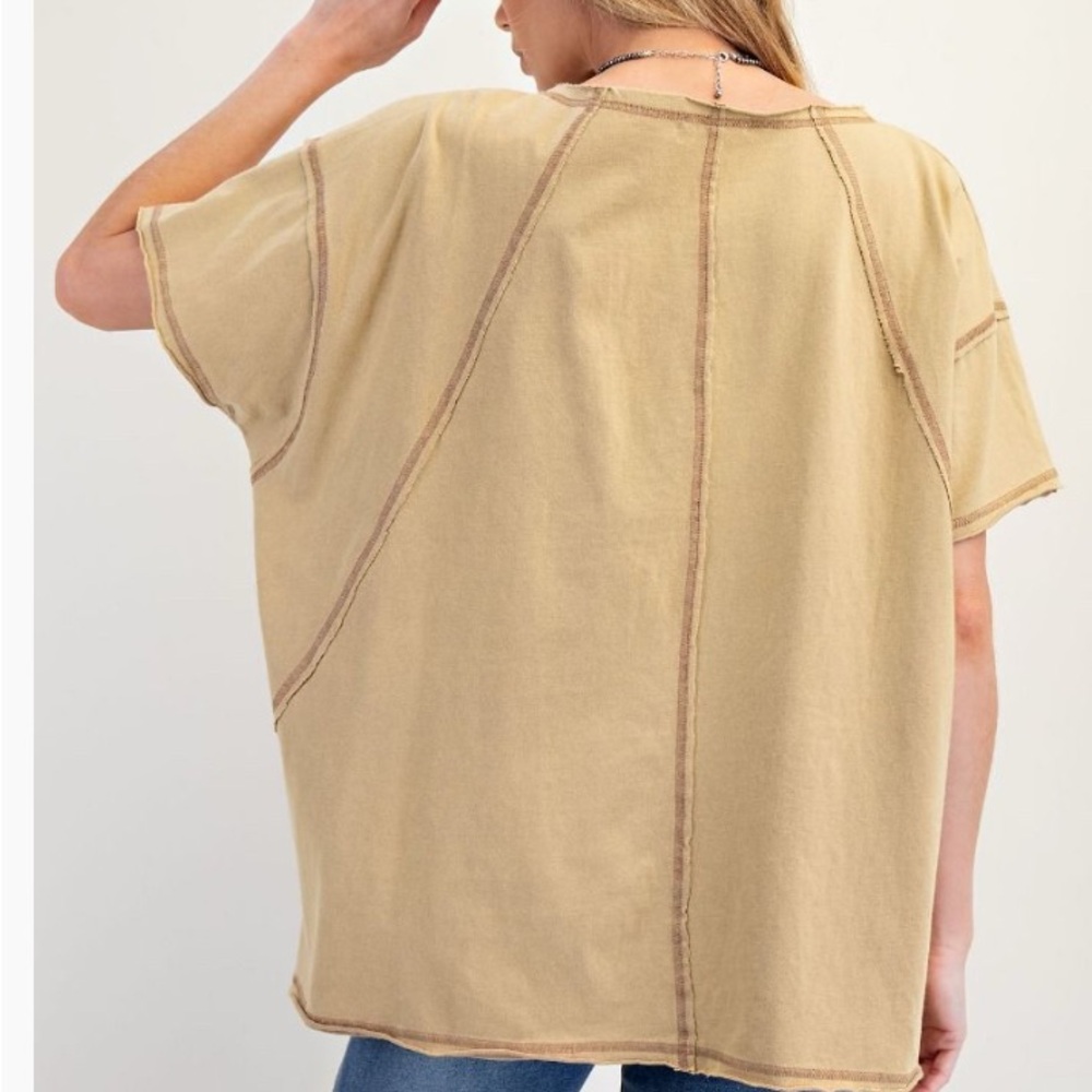 Easel Plus size Floral Patch Tan Top with colorful Appluque - Picture 4 of 5